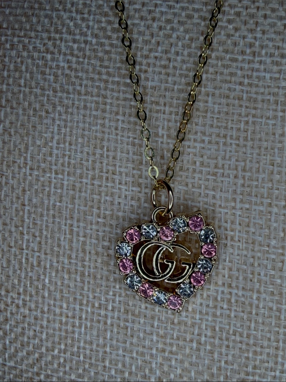 Gucci Gold Heart Pendant Necklace with Pink Crystals